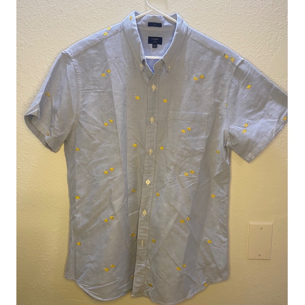 J.Crew Oxford Shirt Mens Large Blue Goldfish Embroidered Slim Fit Short Sleeve